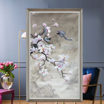 手绘新中式花卉油画喜上枝头玉兰花玄关油画实木画框