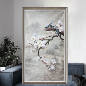 新中式过道走廊玄关花卉油画纯手绘花卉油画玉兰花喜鹊油画