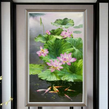 风景油画荷花池风景油画纯手绘油画年年有鱼实木画框