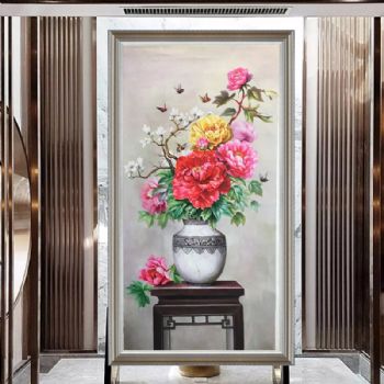 稳坐江山花开富贵新中式花瓶牡丹油画纯手绘油画实木画框