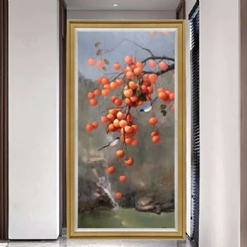 新中式花鸟油画柿柿如意纯手绘油画柿子图实木画框