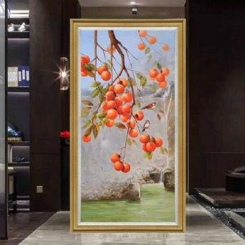 石来运转新中式纯手绘柿子图油画事事如意喜上枝头实木画框