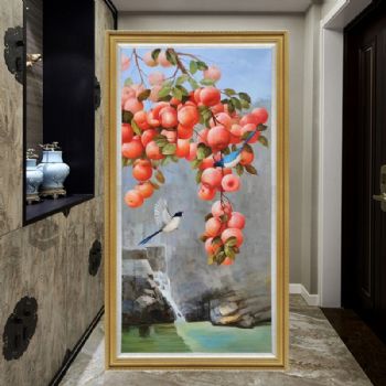 喜上枝头喜鹊柿子图纯手绘花卉写实风景油画新中式挂画实木画框