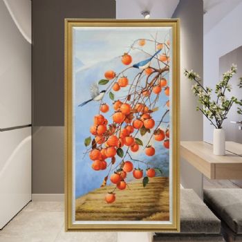 丰收的梯田上的柿子图纯手绘喜上枝头世世如意新中式玄关油画