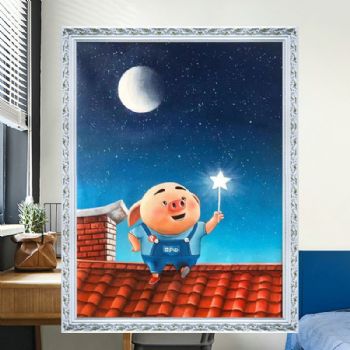 儿童卧室油画纯手绘人物油画动漫油画小星星下的猪猪图