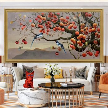 新中式大厅柿子图纯手绘油画写实花鸟油画实木画框
