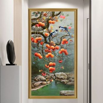 玄关花卉油画纯手绘柿子图油画事事如意石来运转
