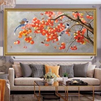 新中式客厅挂画纯手绘喜上枝头事事如意柿子图