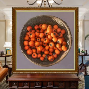 好柿一筐新中式纯手绘静物写实油画水果柿子图实木画框
