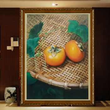 玄关油画好事成双新中式纯手绘静物写实油画柿子图精品油画