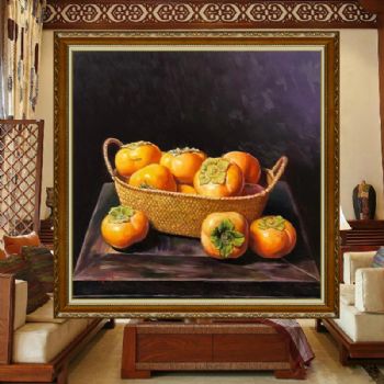 精品静物水果写实油画纯手绘油画一筐好事柿子图