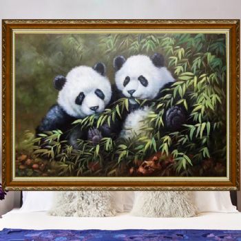 新中式动物油画纯手绘熊猫图美好动物油画纯手绘熊猫油画
