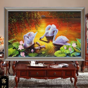 天鹅一家亲荷花池家大业大风景油画纯手绘油画