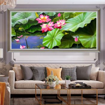 纯手绘朝鲜油画荷花池风景油画客厅挂油画实木画框