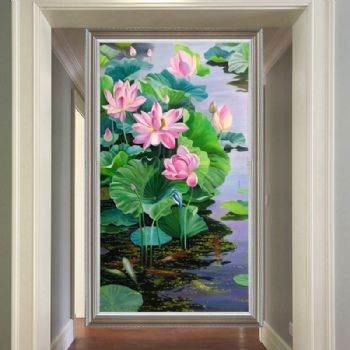 玄关荷花池风景油画纯手绘年年有鱼锦鲤油画实木画框
