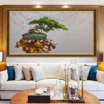 新中式客厅纯手绘油画绿枝盆景风景油画基叶长青年年益寿实木画框