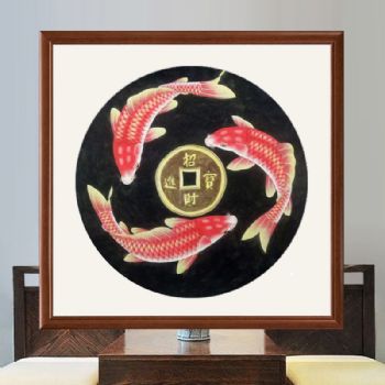 财源滚滚来年年有鱼纯手绘国画作品国画实木画框