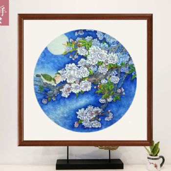 国画欣赏花鸟画月光下的桃花手绘作品写意花鸟画