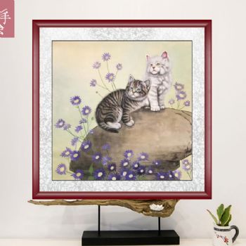 中式工笔纯手绘动物国画小猫黑猫白猫四尺斗方实木画框