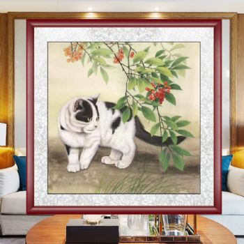 樱桃树下的小猫动物手绘国画工笔国画实木画框