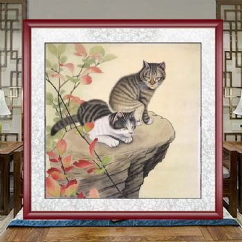 动物手绘工笔国画石头上的二只小猫图斗方国画实木画框