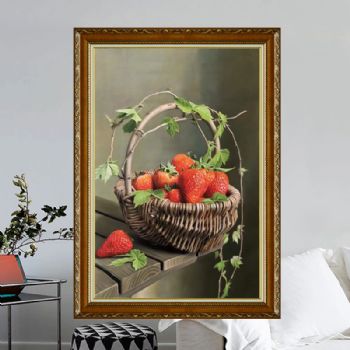 精品写实静态水果油画一筐草莓中式纯手绘油画实木画框
