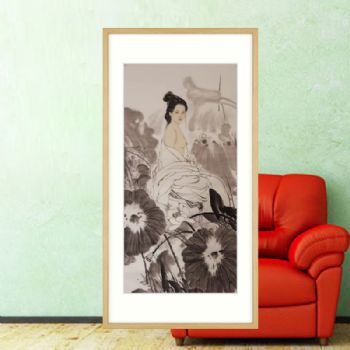 四尺精品人物国画纯手绘水墨人物画荷花下美女国画