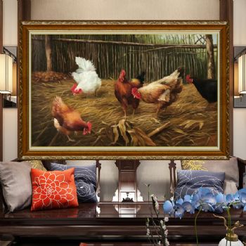 写实动物场景油画朝鲜油画纯手绘动物公鸡母鸡一家亲油画