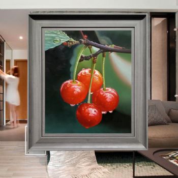 纯手绘樱桃油画中式静物油画客厅走廊挂画