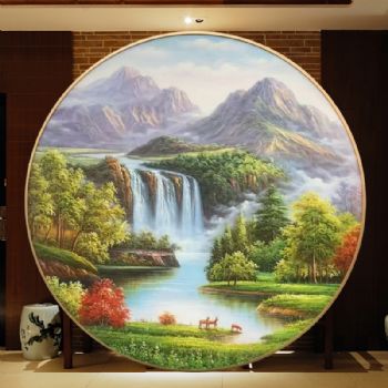 圆形铝合金外框纯手绘山水风景油画眼前有鹿聚宝盆
