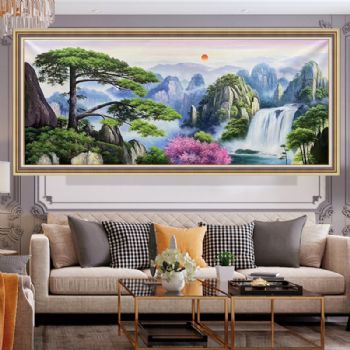 迎客松旭日东升中式山水风景油画纯手绘大厅挂画高品质山水风景油画