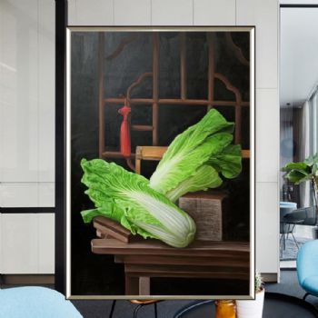 新中式精品超写实静物油画白菜寓意百财手绘油画