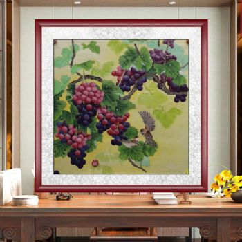 喜上枝头紫气东西四尺斗方工笔国画葡萄纯手绘国画工笔葡萄小鸟国画