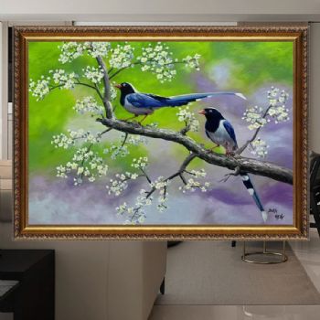 春暖花开喜上枝头纯手绘朝鲜油画餐厅客厅动物油画挂画