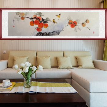 手绘国画花鸟画茶室挂画柿子图柿柿如意实木画框纯手绘国画花鸟柿子图