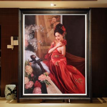 手绘人物油画琵琶美女图中式人物油画酒店茶楼挂画