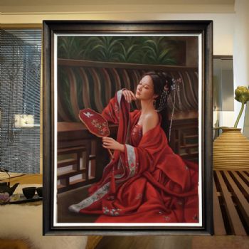 手执扇子美女图写实纯手绘人物油画中式油画