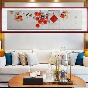 万事如意卧室挂画床头挂画纯手绘中式花鸟画柿子图实木画框