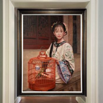 中式古装人物油画纯手绘美女鸟笼人物油画