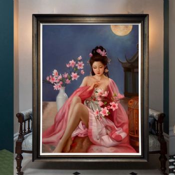 月光下的桃花美女图纯手绘中式人物油画美女油画