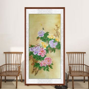 纯手绘国画工笔四尺竖幅牡丹花卉国画玄关挂画