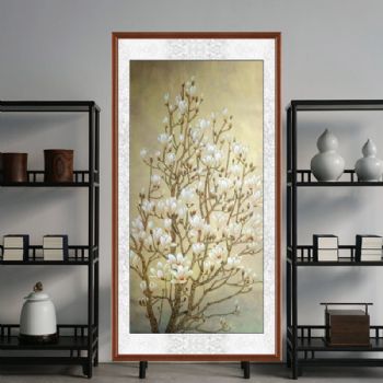 结白无暇玉兰花纯手绘工笔四尺国画胡桃木实木外框