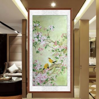 纯手绘工笔海棠花与黄鹂鸟四尺竖幅国画