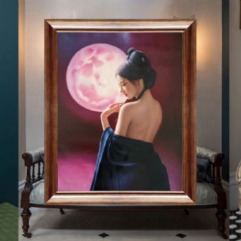 圆月下的美女图纯手绘古典美女人物油画