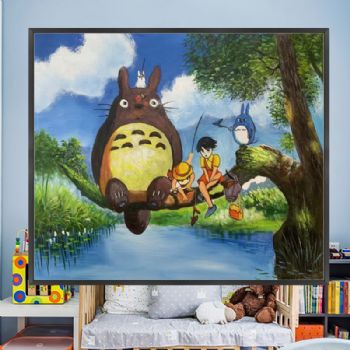 坐在树干上的龙猫纯手绘儿童油画卧室挂画卡通手绘油画