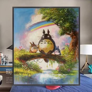 彩虹下的龙猫儿童卡通油画纯手绘油画