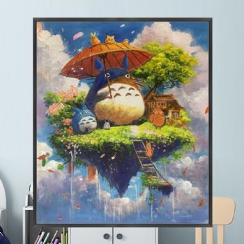 飞翔岛上的龙猫厚肌理手绘油画卡通油画