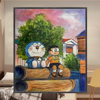 多拉A梦机器猫卡通油画纯手绘儿童油画