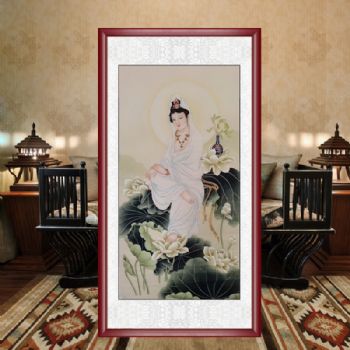 荷花池观世音菩萨纯手绘人物国面吉祥和美中堂挂画