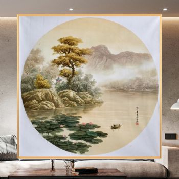 圆形山水风景油画纯手绘刀画作品风景优雅